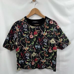 Few Moda Floral Cropped Short Sleeve Textured Knit Top in Black Multi | Large